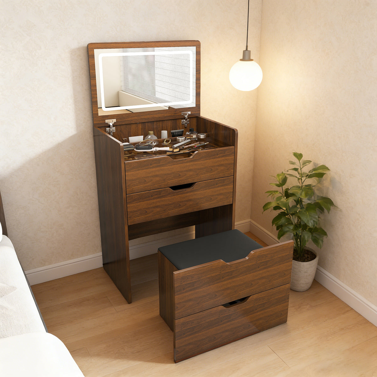 3-in-1 Lighted Mirror Vanity Desk with Storage Stool, Walnut – image 1