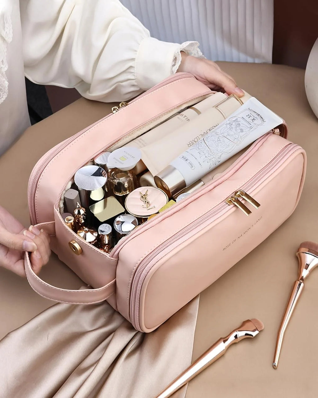 Travel Makeup Bag – Large Wide-Open PU Cosmetic Organizer, Pink