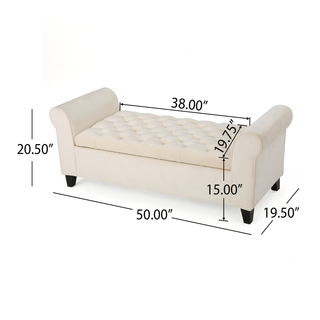 Tufted Storage Bench with Rolled Arms, 50 in Ivory Fabric – image 2