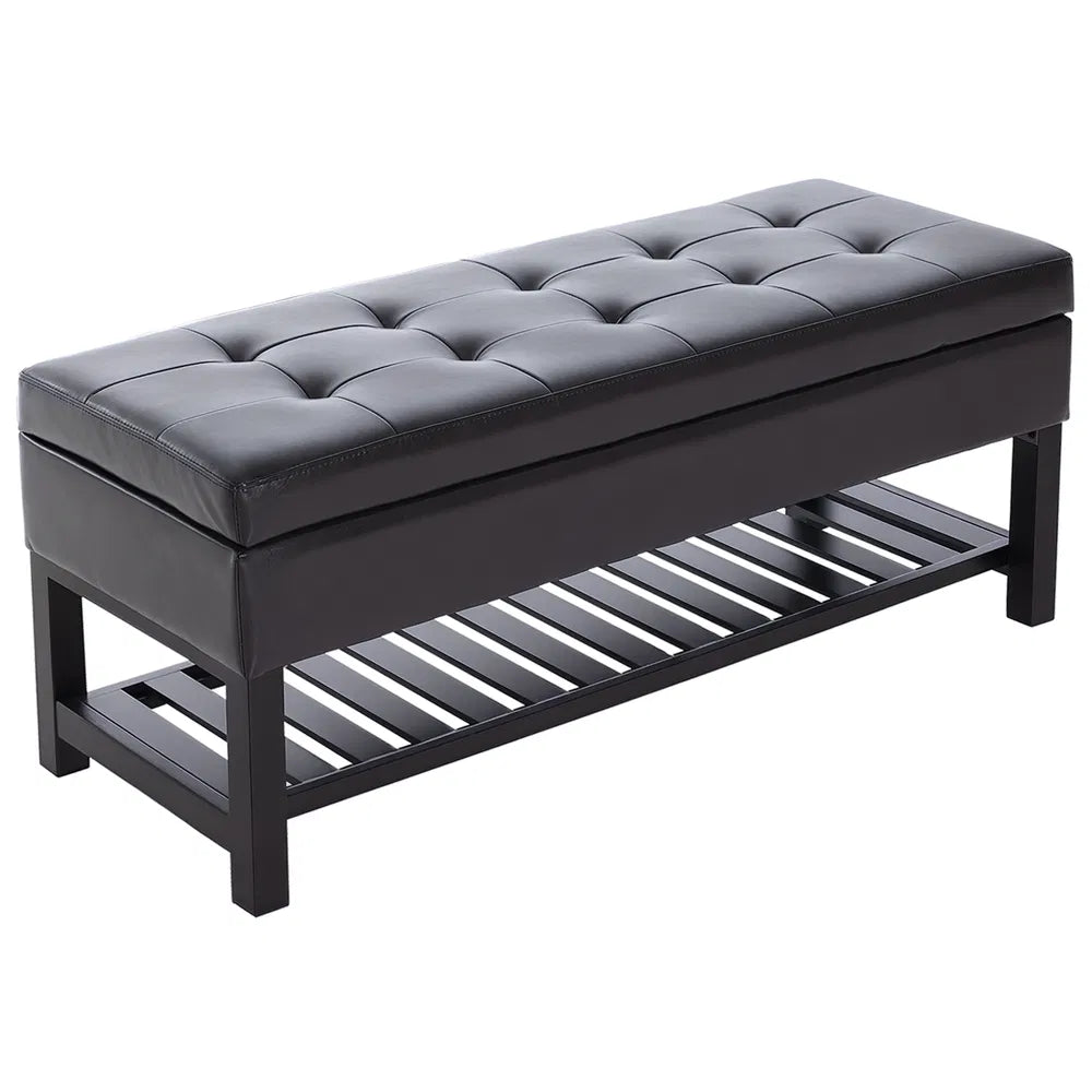 Tufted Storage Ottoman Shoe Bench 44 in, Faux Leather, Brown – image 1