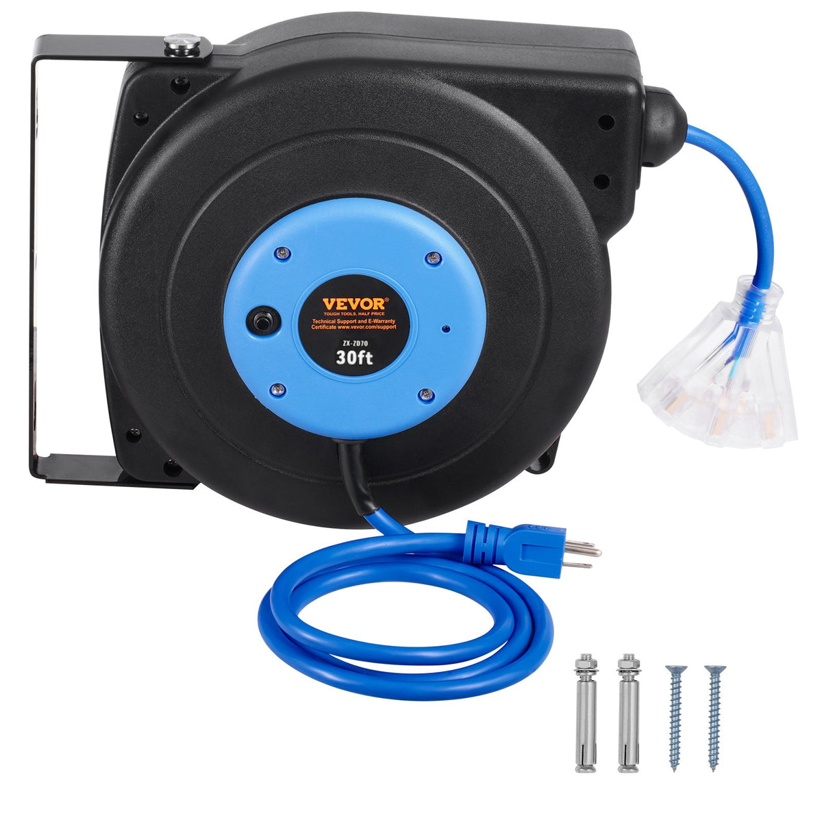 Retractable Extension Cord Reel 30 ft, 16AWG 3-Outlet, Blue – image 2
