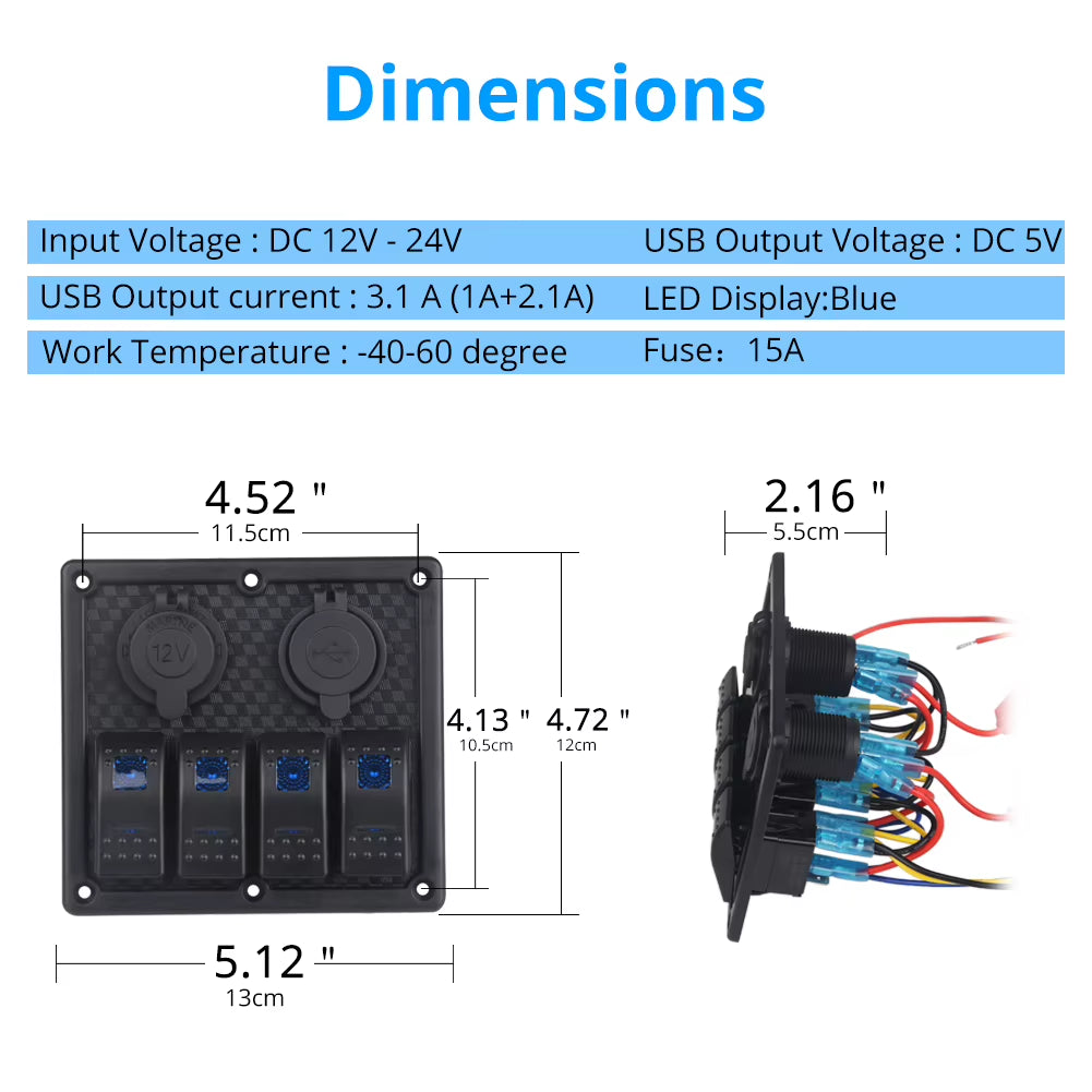 4 Gang Rocker Switch Panel with Dual USB, 12V Waterproof Marine Panel – image 7