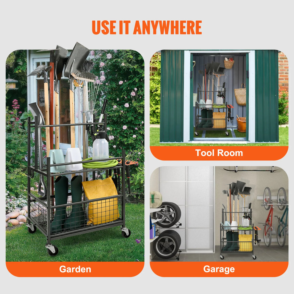 Garden Tool Organizer Rack, 16 Slots with Hooks and Locking Wheels – image 6