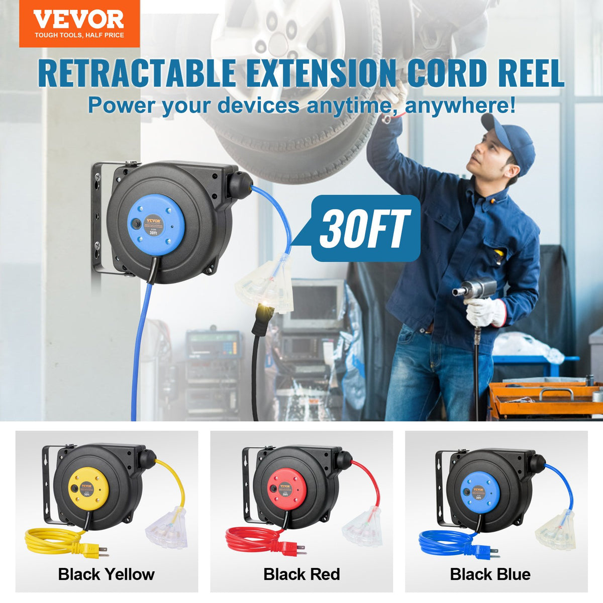 Retractable Extension Cord Reel 30 ft, 16AWG 3-Outlet, Blue – image 3