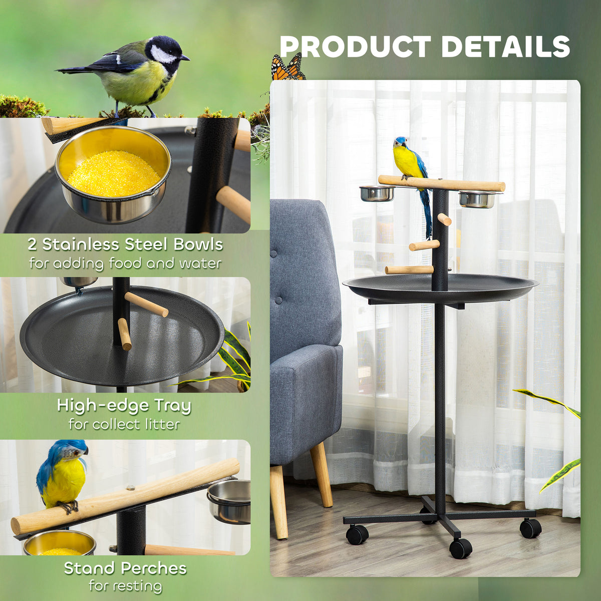 Rolling Bird Play Stand with Stainless Steel Bowls and Tray, Gray – image 5