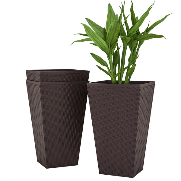 Tall Outdoor Planters Set of 3, 24 in Rattan-Look Self-Draining Pots