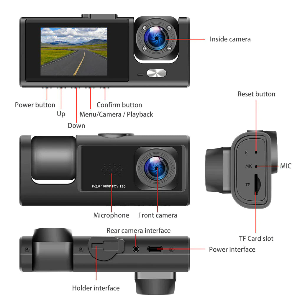Dual-Lens Car Dash Cam 1080P, Front and Inside, G-Sensor