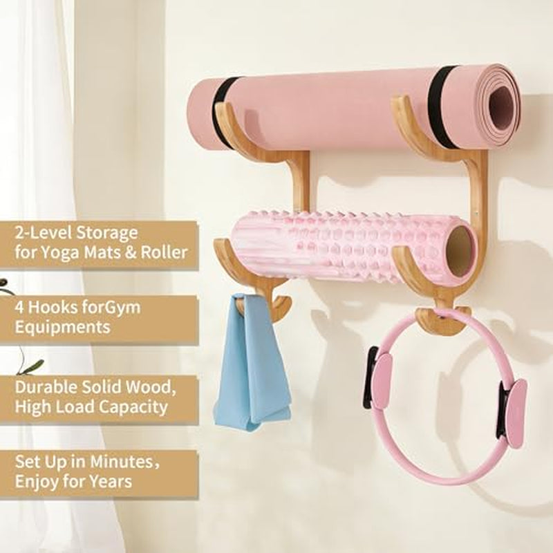 Yoga Mat Holder, Wooden Wall Rack with 4 Hooks – image 3