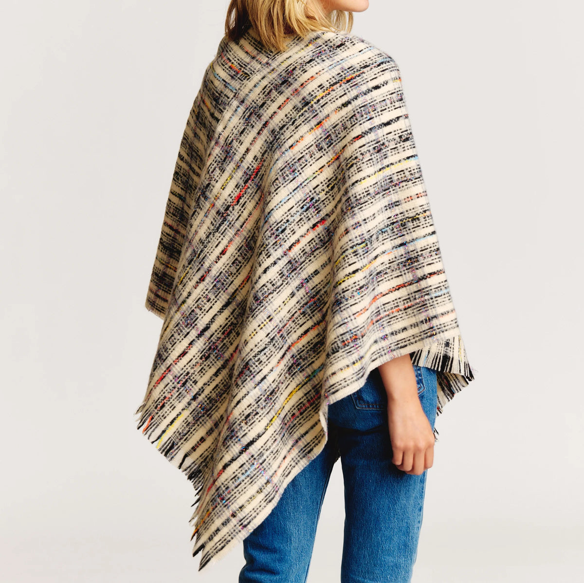 Plaid Tweed Poncho Wrap for Women – Ivory or Black – image 2