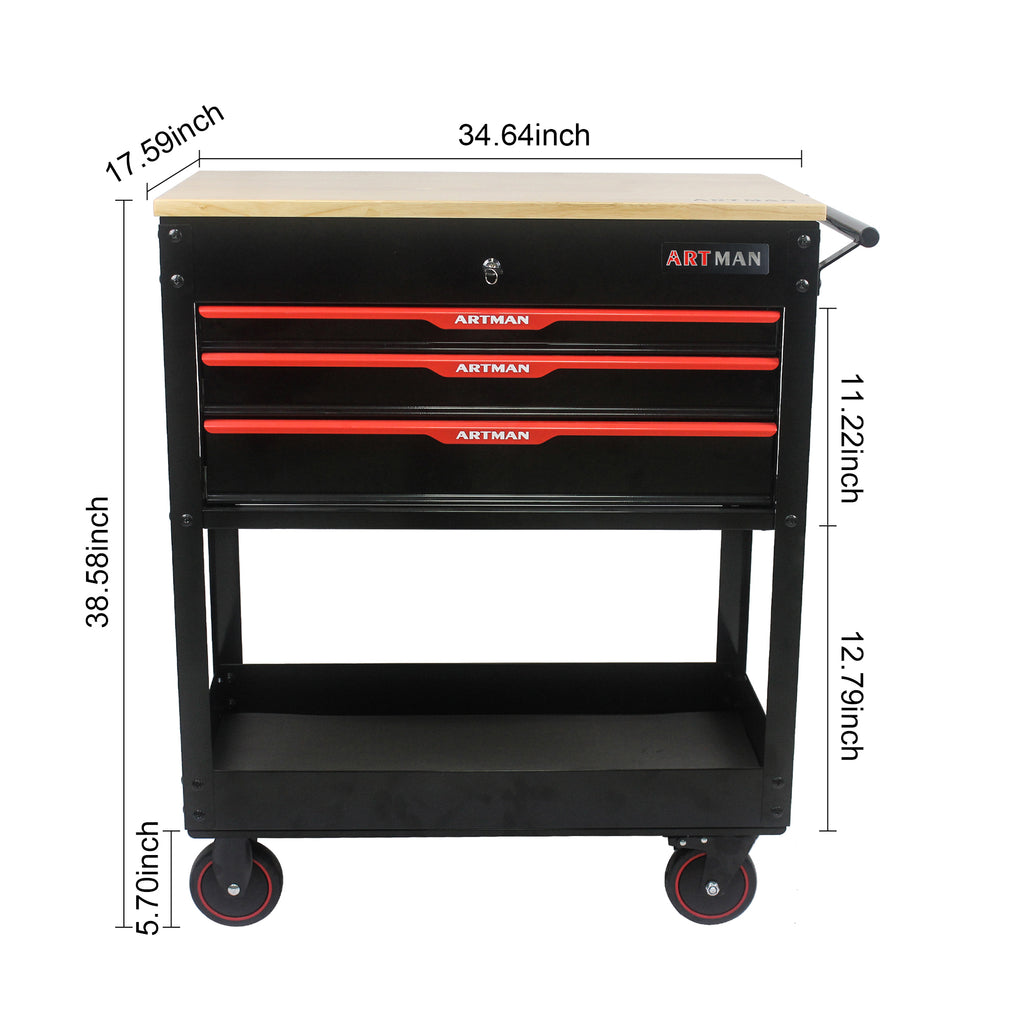 3-Drawer Rolling Tool Cart with Wooden Top and Adjustable Shelf – image 14