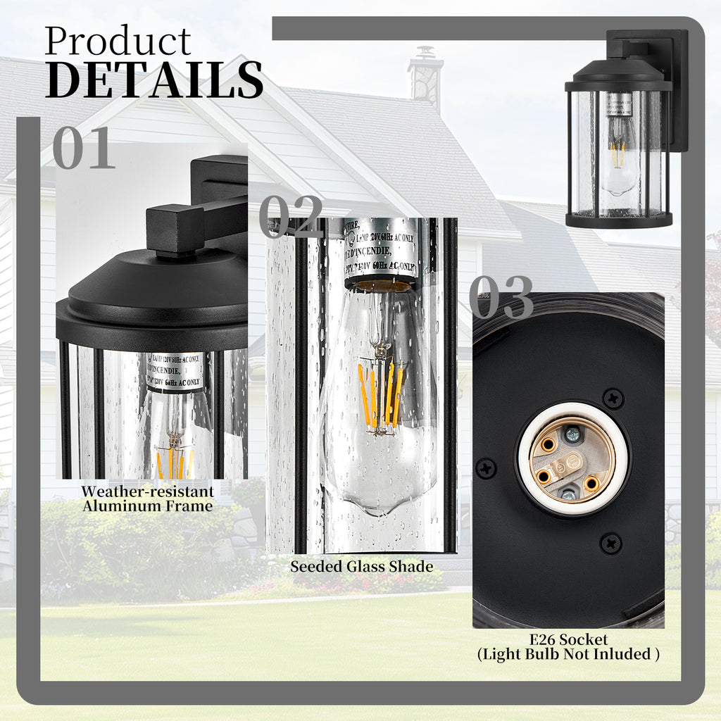 Outdoor Wall Sconces 2 Pack, Black Lanterns with Seeded Glass – image 9