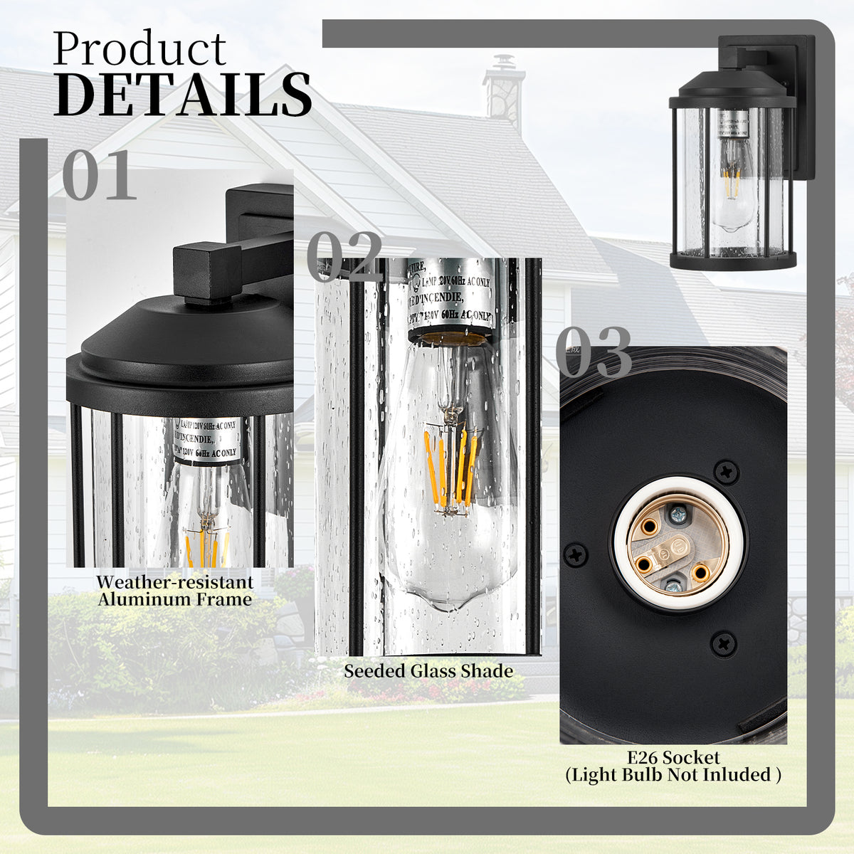Outdoor Wall Sconces 2 Pack, Black Lanterns with Seeded Glass – image 9