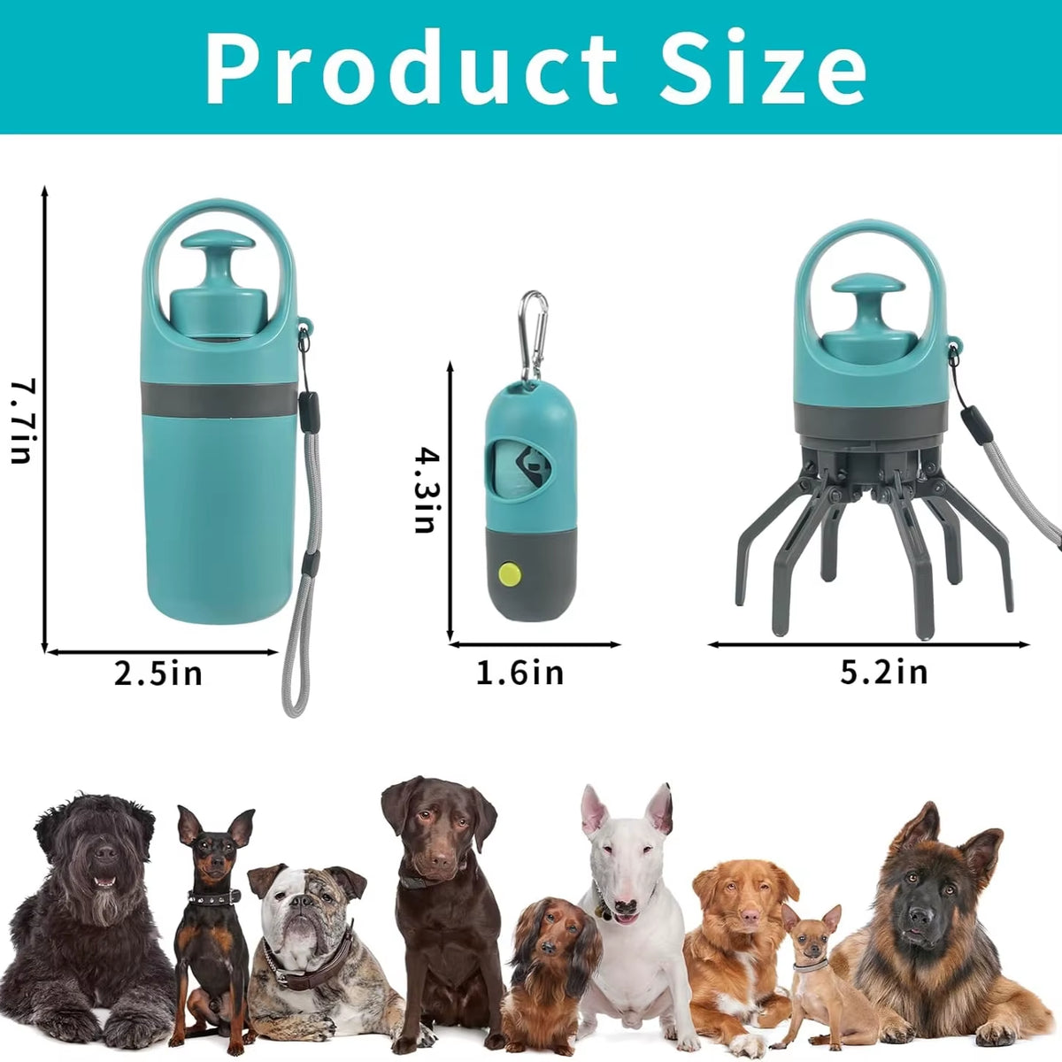 Dog Poop Scooper with LED Light - Claw Waste Picker with Bag Dispenser & Leash Clip