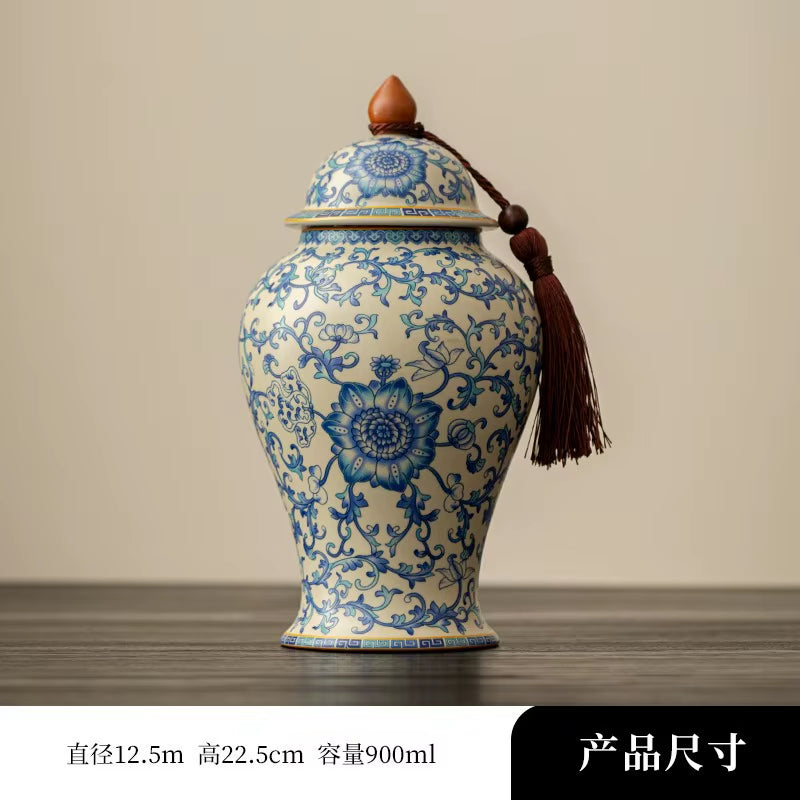 Floral Ceramic Ginger Jar with Lid, Temple Jar Decor Vase