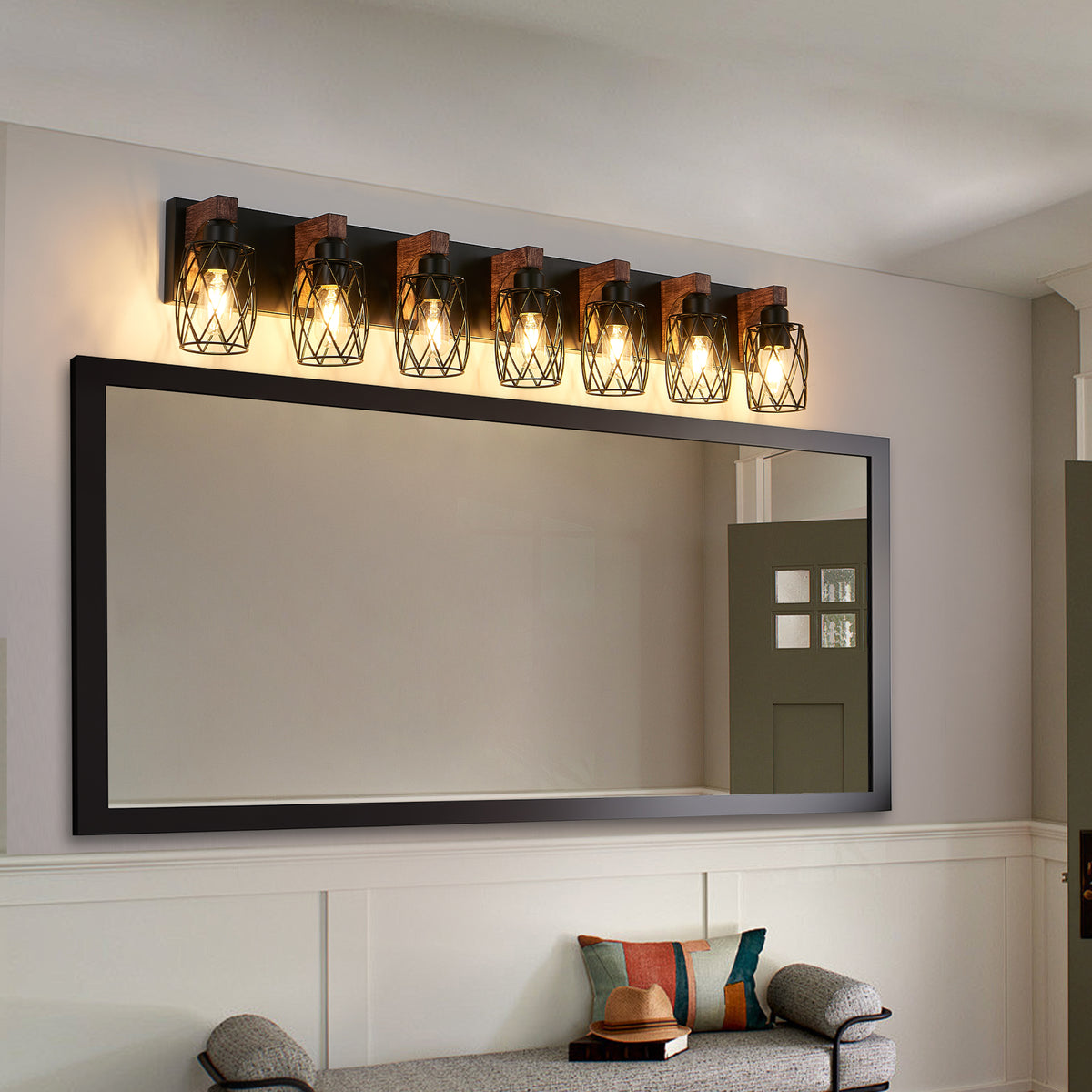 44 Inch Industrial 7-Light Cage Vanity Light Bar, Black & Walnut