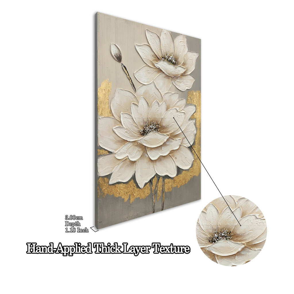 Textured Lotus Flower Canvas Wall Art 24 x 36 In, White and Gold – image 7