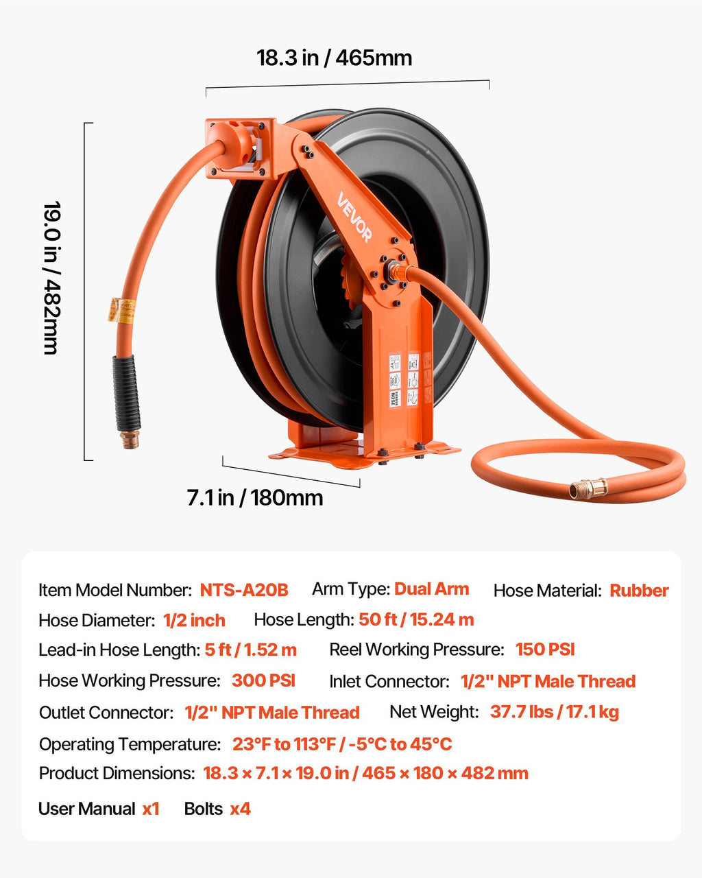 Retractable Air Hose Reel 1/2 in x 50 ft Rubber Hose, Double Arm – image 1