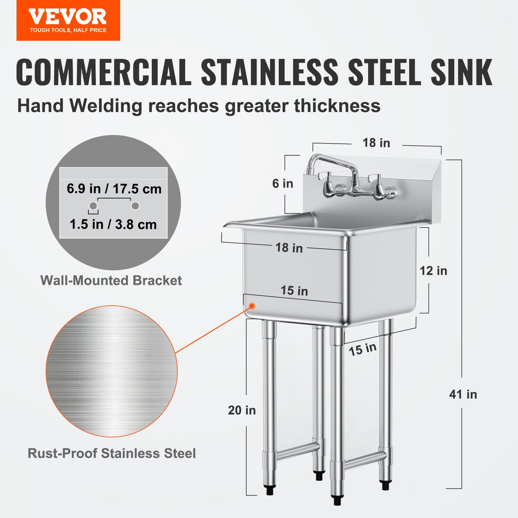 Stainless Steel Utility Sink with Faucet, Free Standing 1-Compartment – image 2