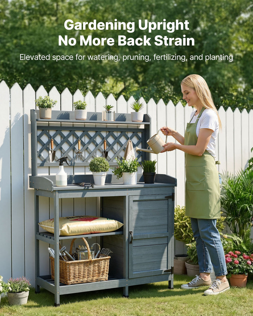 Potting Bench Table with Storage Cabinet, Wooden Garden Workstation – image 2