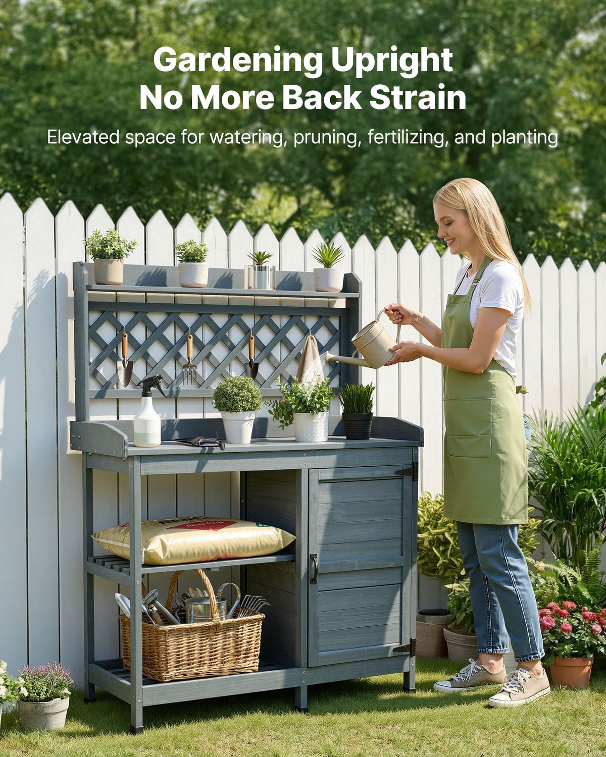 Potting Bench Table with Storage Cabinet, Wooden Garden Workstation – image 2