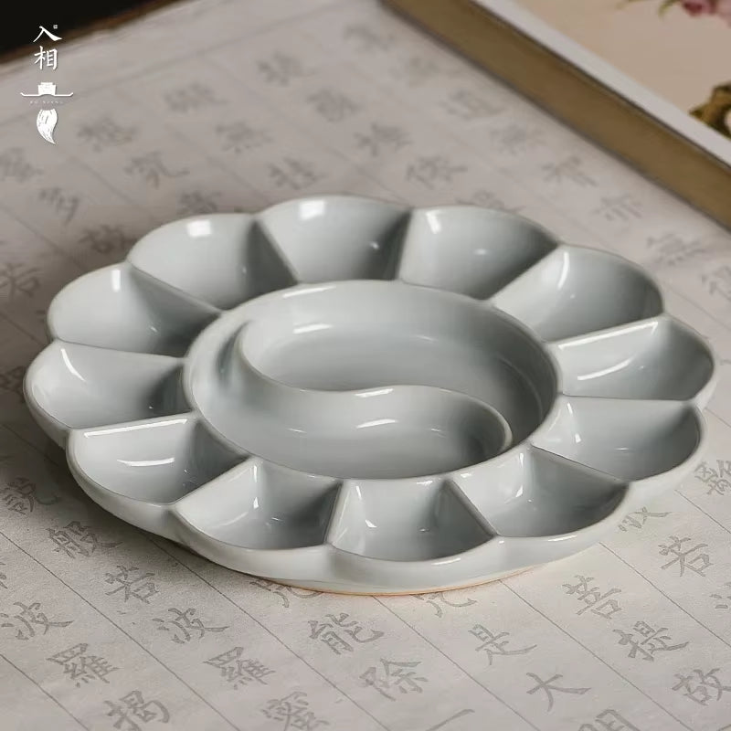 Handmade Celadon Ceramic Watercolor Palette, Plum Blossom Shape