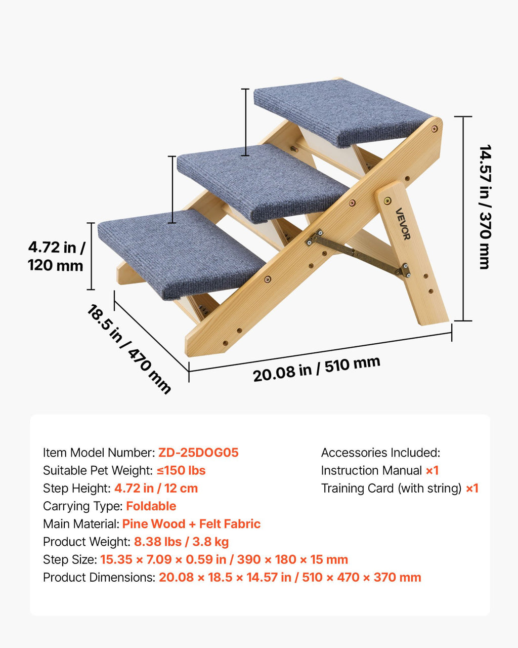 Foldable 3-Step Wooden Dog Stairs for Beds & Sofas, 150 lb