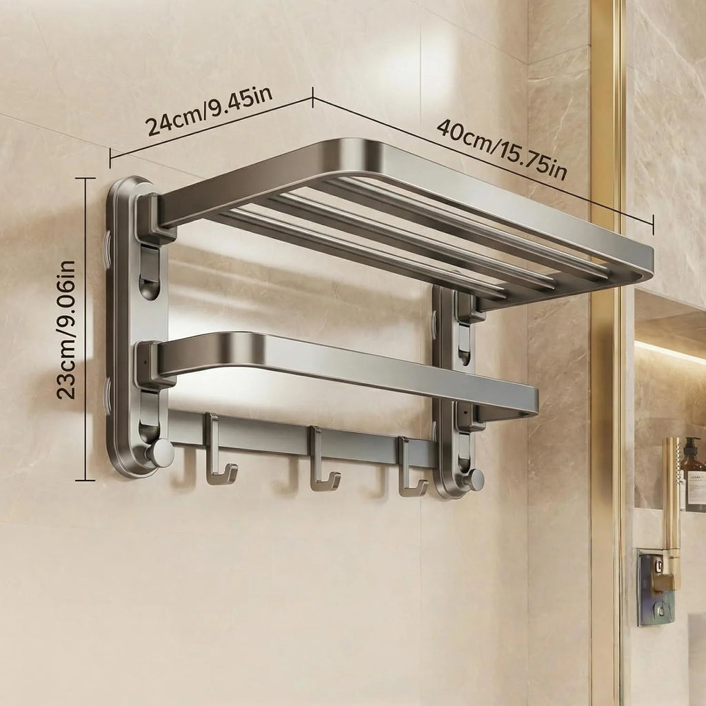 Towel Rack Suction Wall Shelf, Foldable Double Bar with Hooks – image 6