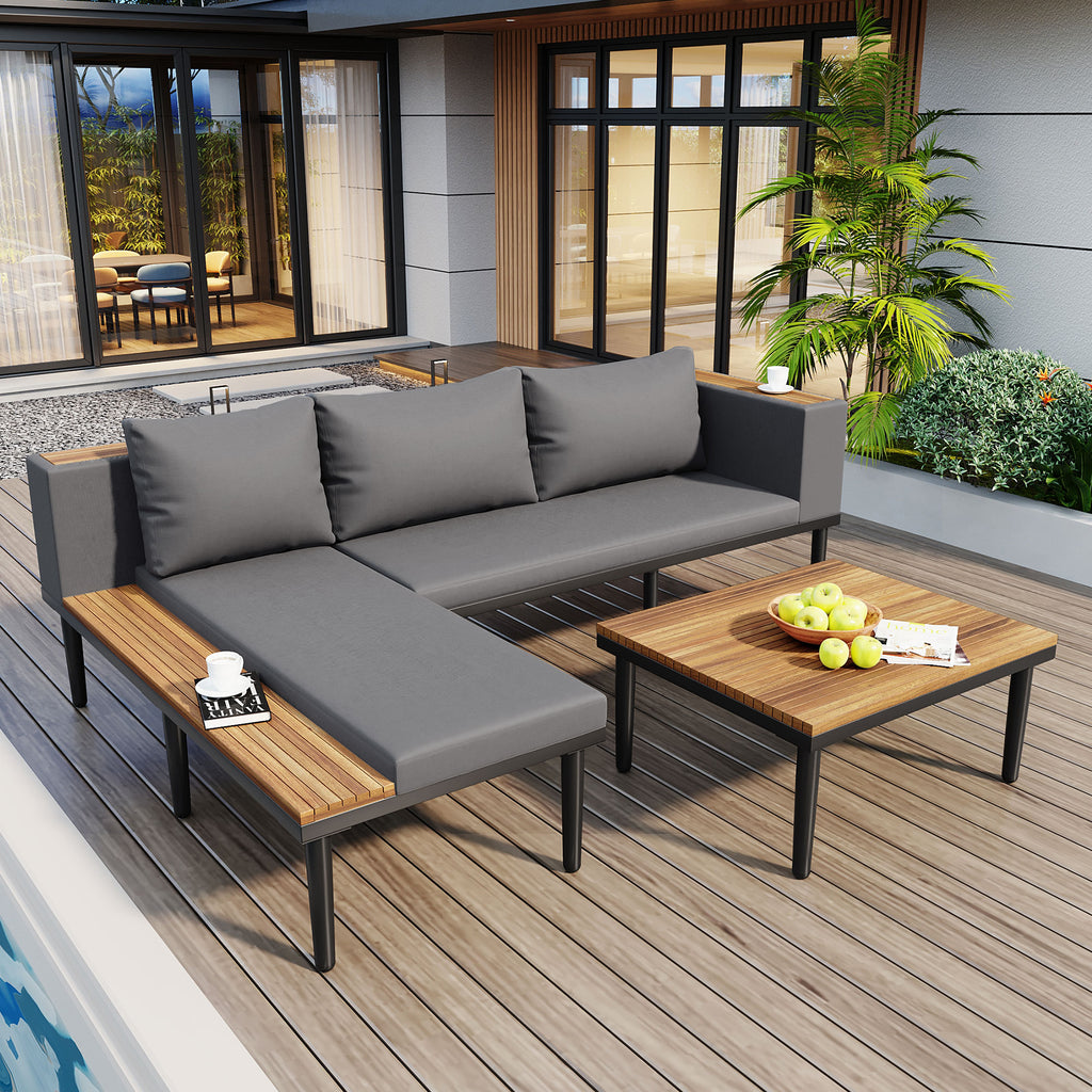L-Shaped Acacia Wood Outdoor Sectional Sofa Set with Coffee Table