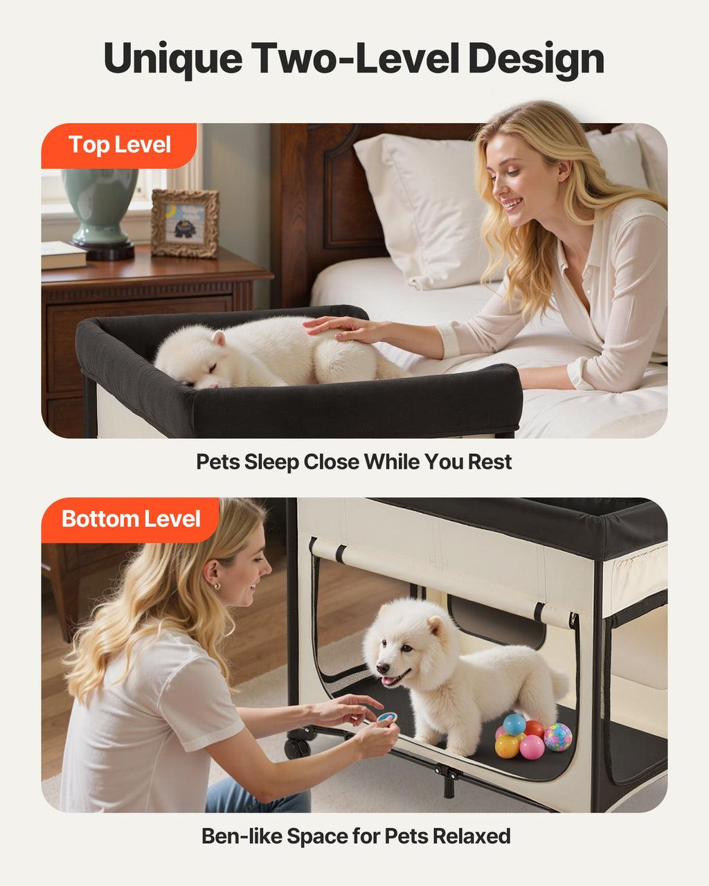 Bunk Dog Bed, Elevated Two-Level Pet Lounge with Wheels, XL Beige – image 3