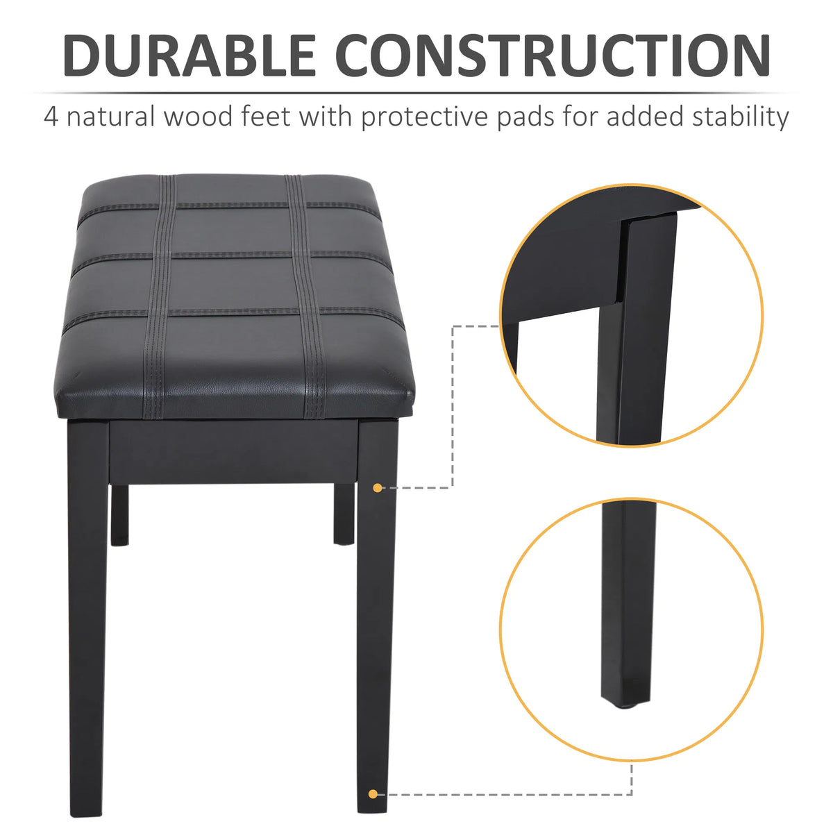 Classic Piano Bench Stool with Music Storage, PU Leather, Black – image 6