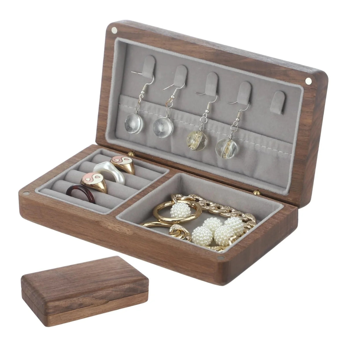 Travel Jewelry Box, Small Walnut Wood Organizer with Velvet Lining – image 2