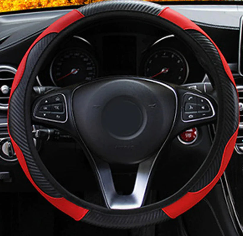 Steering Wheel Cover, Red & Black Carbon Fiber PU Leather, 15 in – image 15