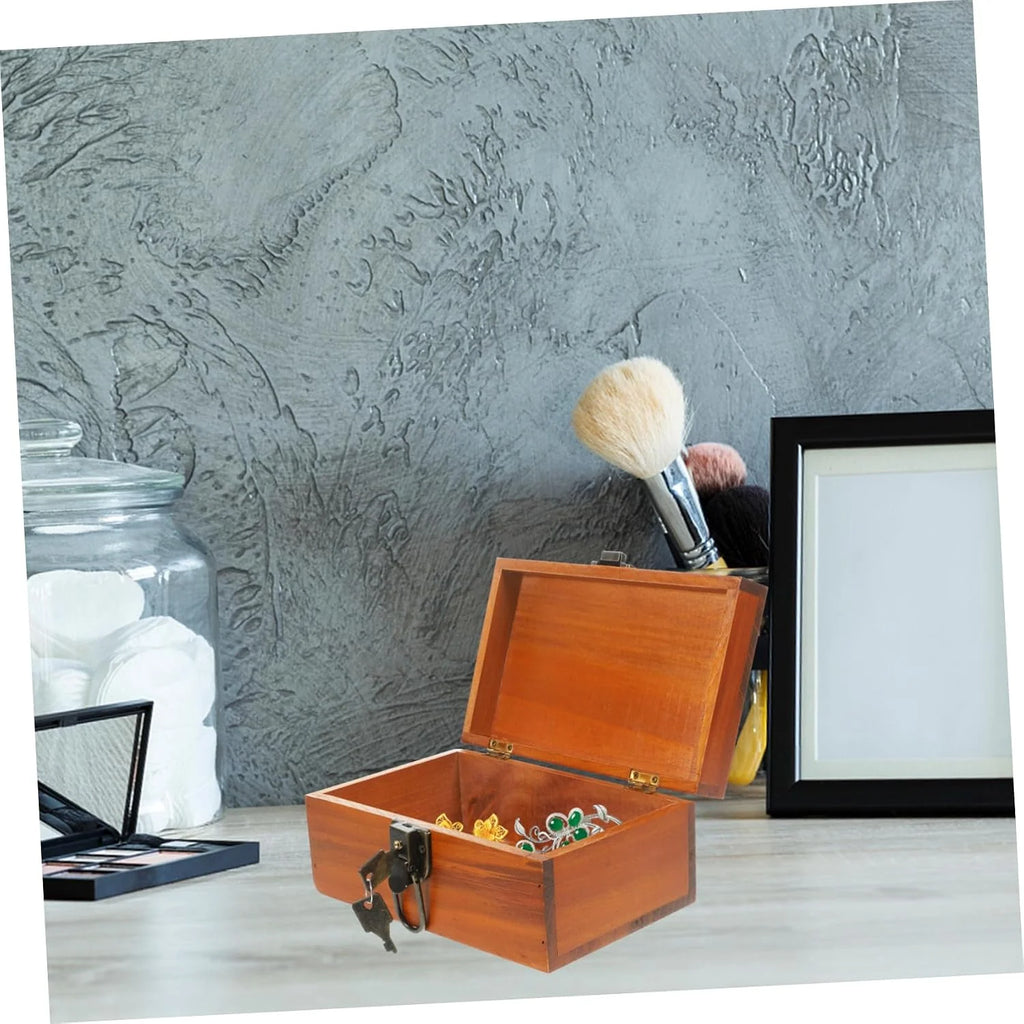 Wooden Jewelry Box, Vintage Treasure Chest with Lock, 9.8 x 7.7 in – image 4