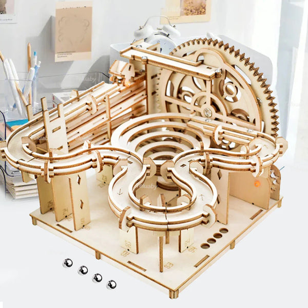 3D Wooden Marble Run Puzzle Kit for Adults, Hand-Crank Model