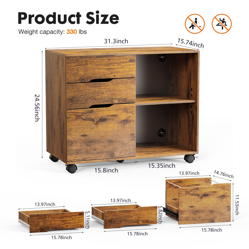 3-Drawer Rolling Lateral File Cabinet with Open Shelves and Printer Top
