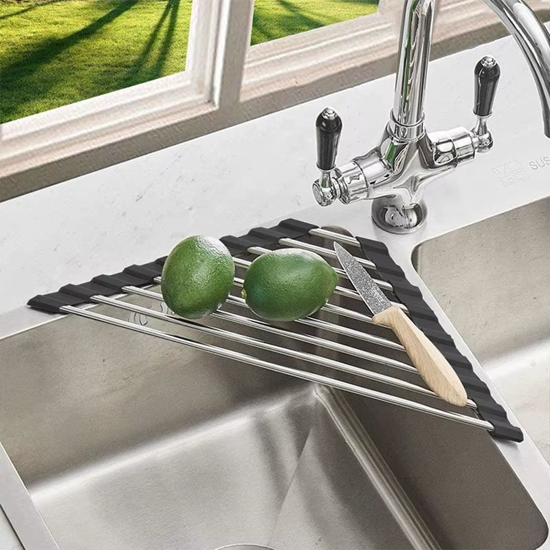 Roll-Up Dish Drying Rack – Foldable Stainless Steel Corner Sink Rack – image 4