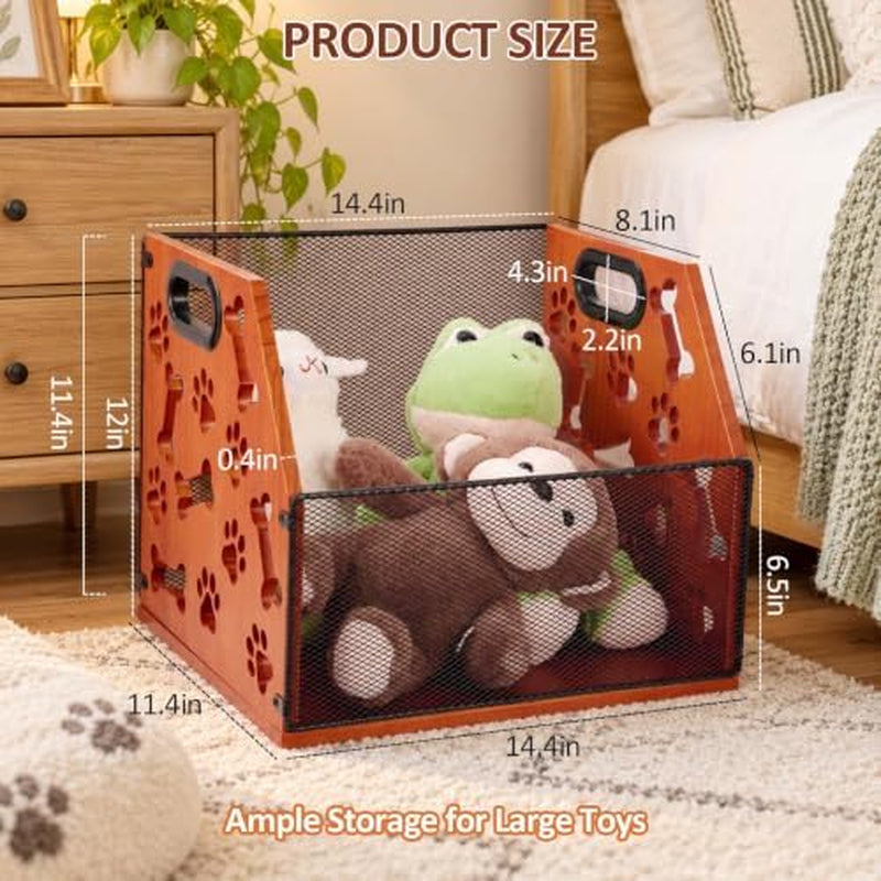 Dog Toy Basket, Wood and Metal Mesh Pet Toy Storage Bin – image 2