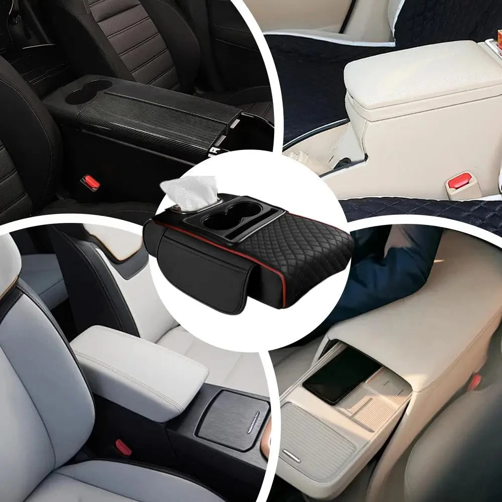 Car Center Console Armrest Cushion with 2 Cup Holders - Height Raising Arm Rest Pad