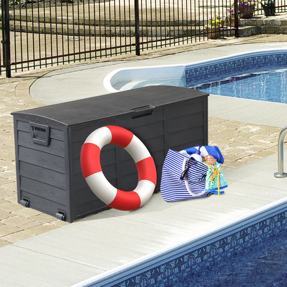 75 Gallon Deck Box with Lockable Lid and Wheels, Outdoor Storage – image 14
