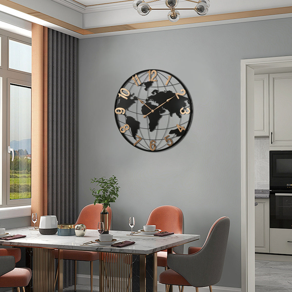 36 Inch World Map Metal Wall Clock, Black and Gold, Silent – image 3