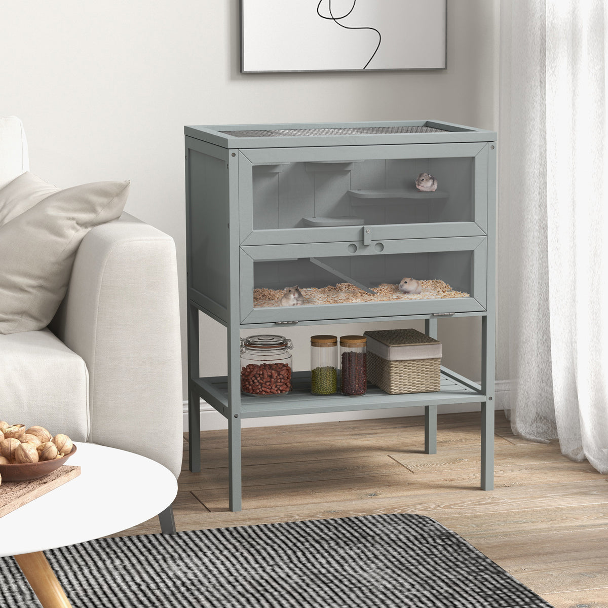 3-Tier Wooden Hamster Cage with Openable Top and Storage Shelf – image 2