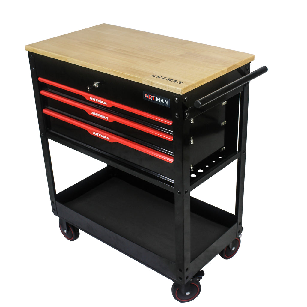 3-Drawer Rolling Tool Cart with Wooden Top and Adjustable Shelf – image 2