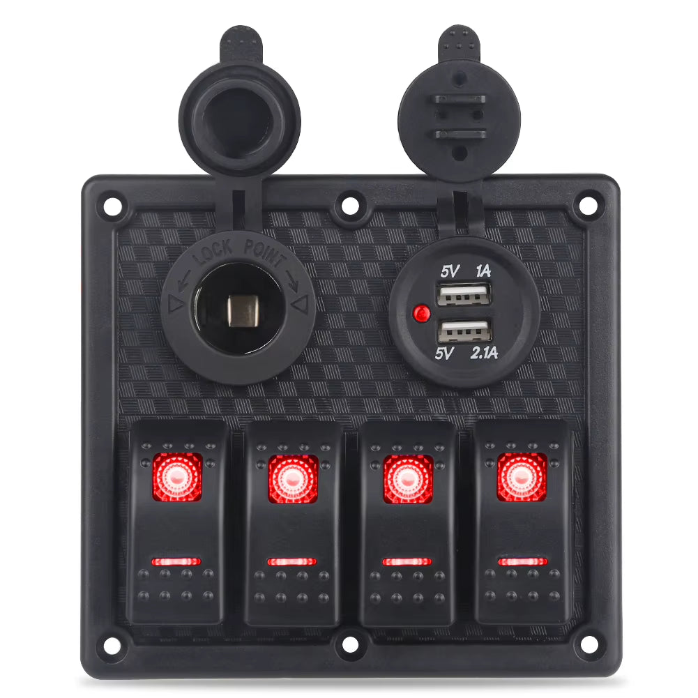 4 Gang Rocker Switch Panel with Dual USB, 12V Waterproof Marine Panel – image 2