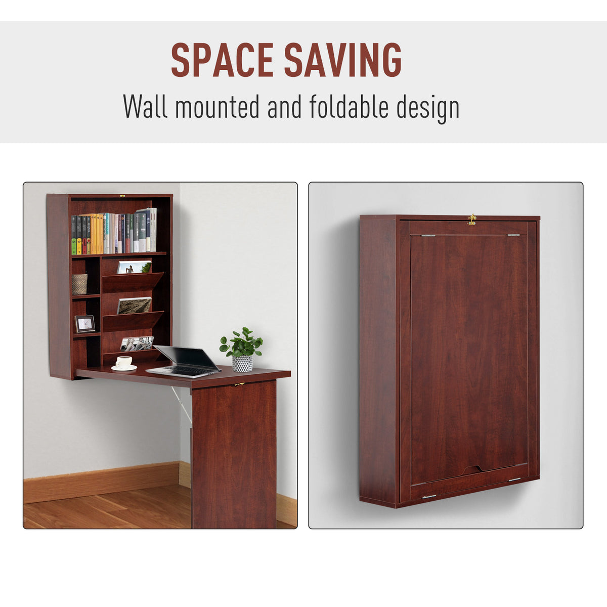 Fold-Out Wall Mounted Desk with Adjustable Shelves, Mahogany – image 6