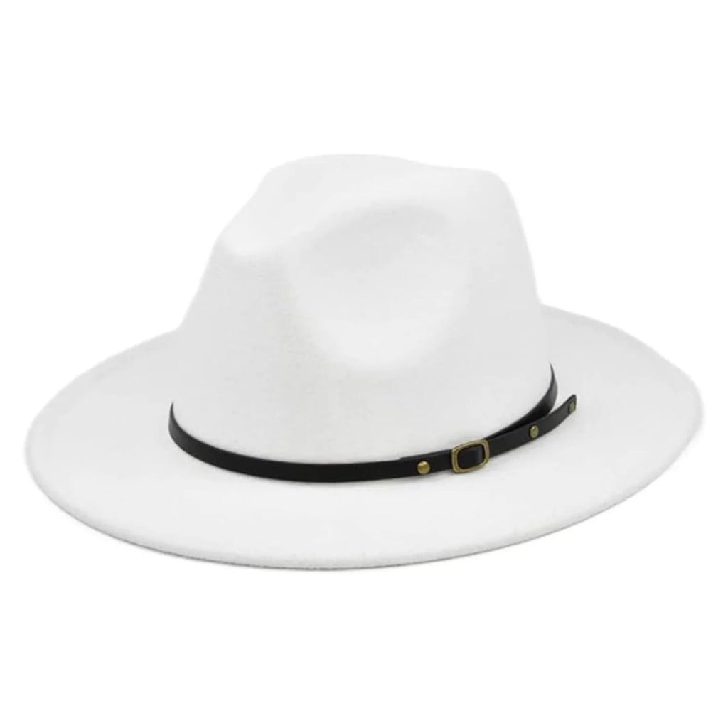 Wide Brim Fedora Hat – Black Faux Wool Panama Hat with Belt Band
