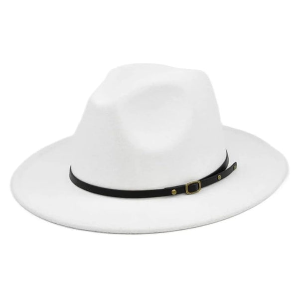 Wide Brim Fedora Hat – Black Faux Wool Panama Hat with Belt Band