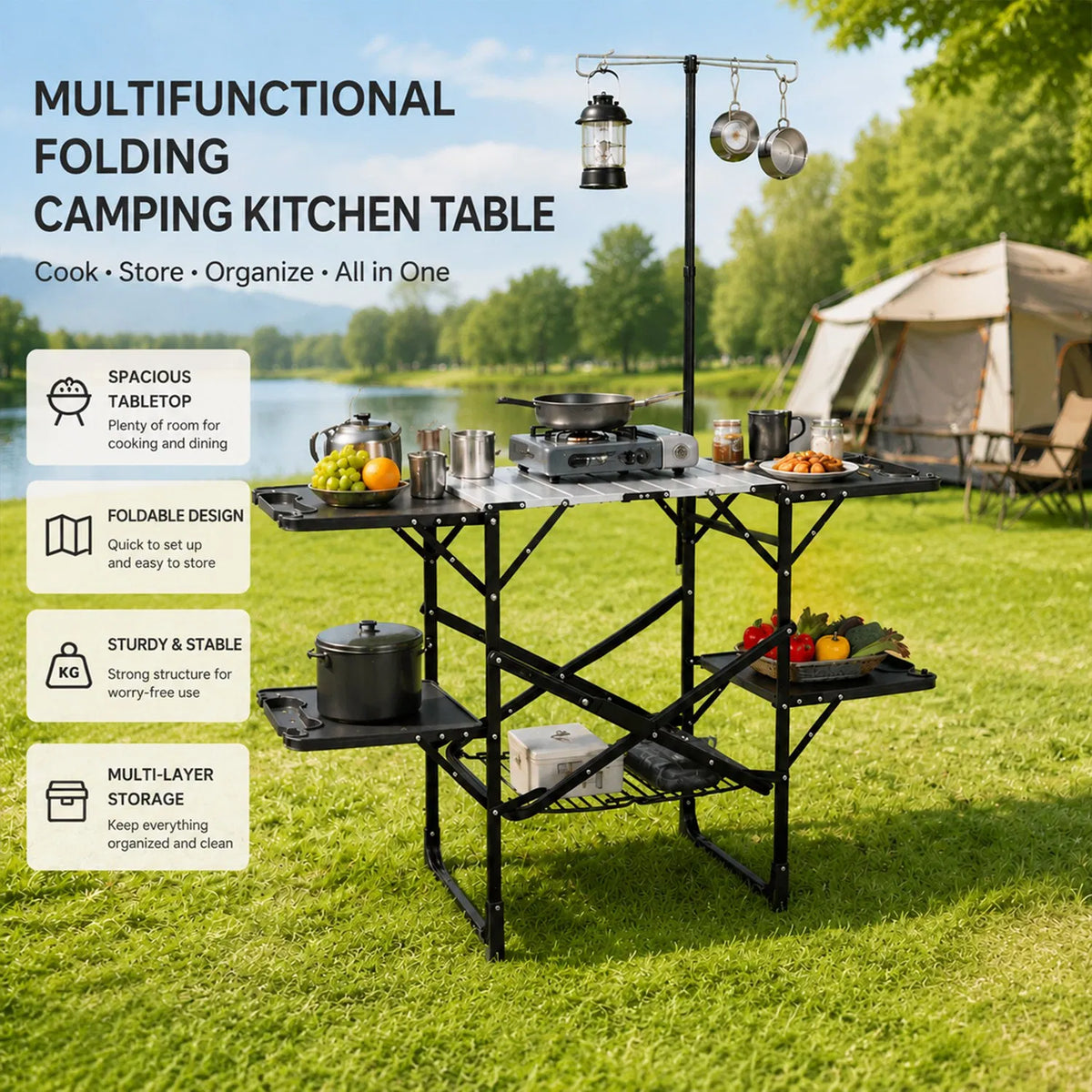 Folding Camp Kitchen Table with Lantern Pole and Side Trays – image 5