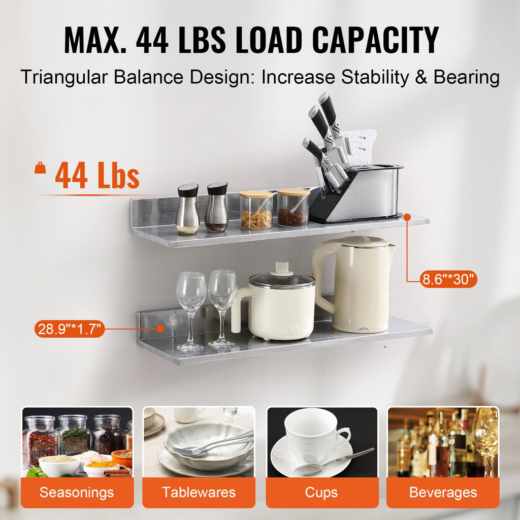 Stainless Steel Wall Shelf, 8.6 x 30 in Floating Shelf with Backsplash – image 3