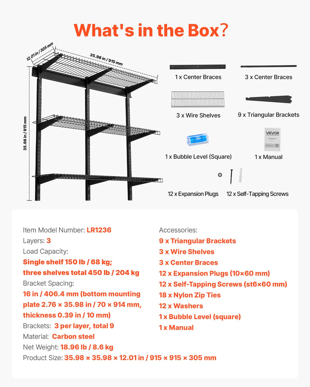 Garage Wall Shelving 3-Tier Steel, 11 x 36 in Shelves, 450 lb