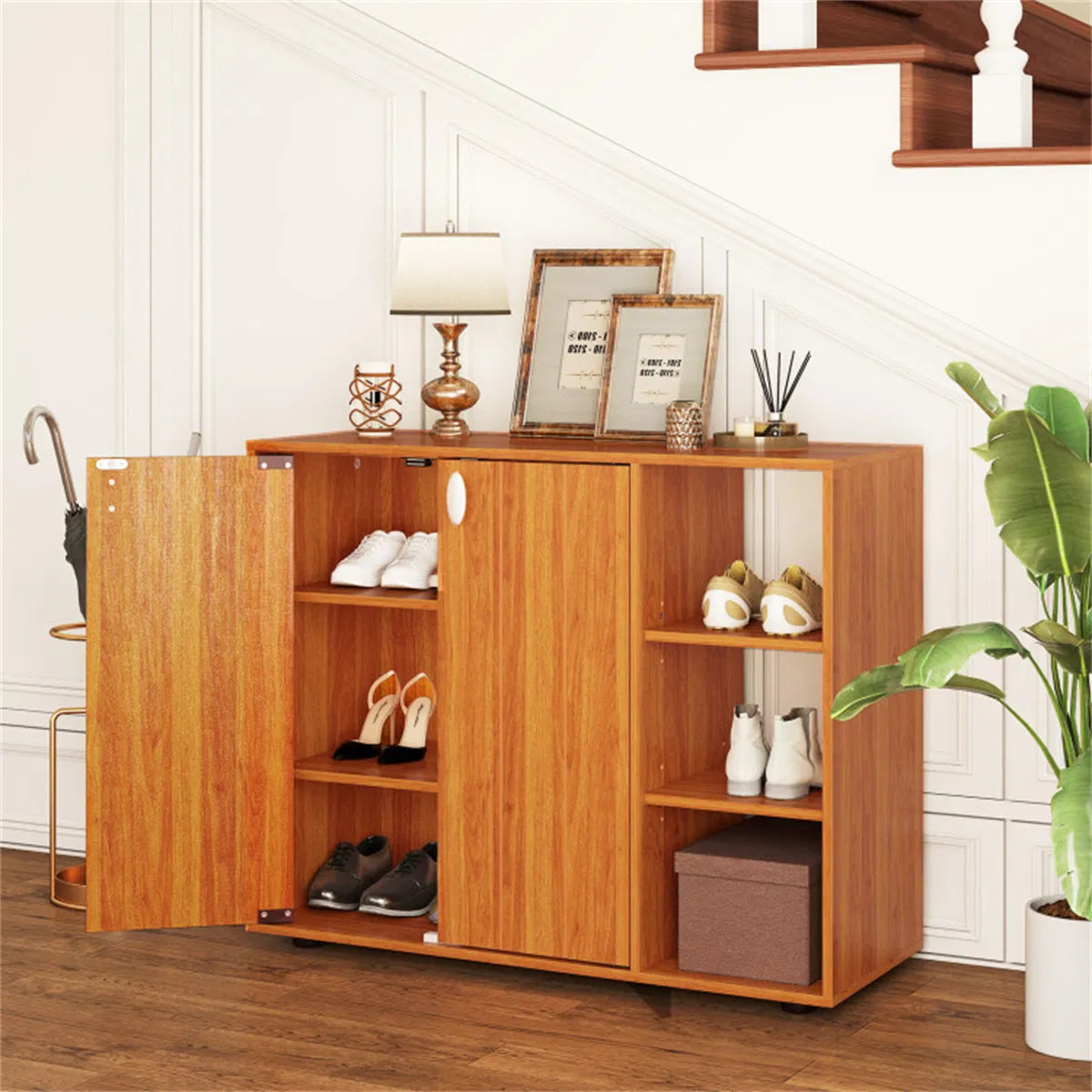 Shoe Cabinet with 2 Doors and 3 Open Shelves, Natural Wood – image 5